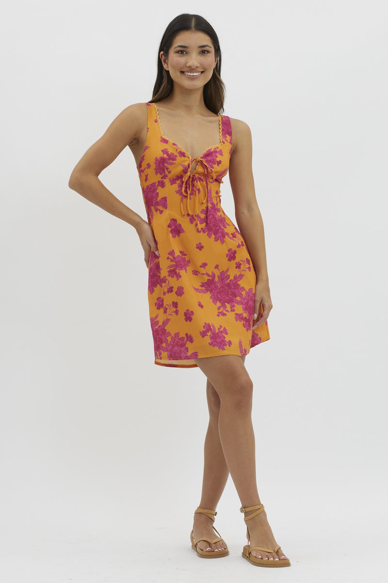 Orange Sleeveless Floral Print Front Tie Mini Dress Pinkblush