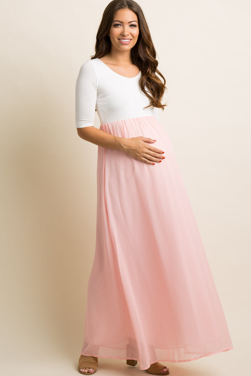 PinkBlush Petite Light Pink Chiffon Colorblock Maternity Maxi Dress