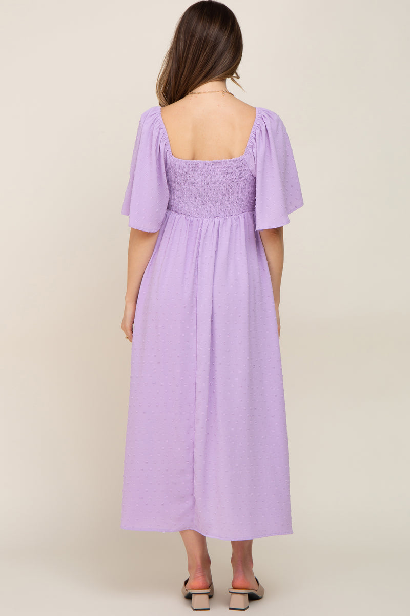 Lavender Textured Dot Front Tie Ruffle Sleeve Maternity Midi Dress –  PinkBlush