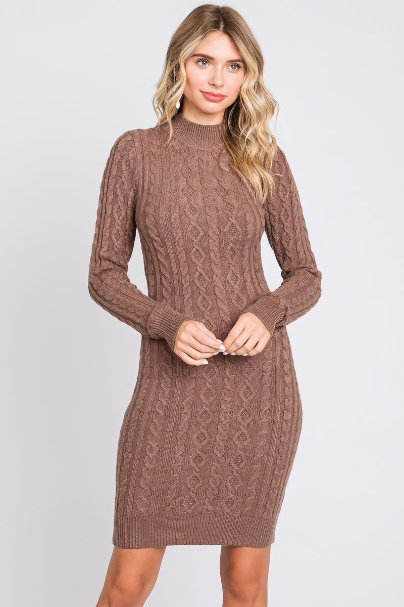 Mocha Cable Knit Mock Neck Long Sleeve Sweater Dress