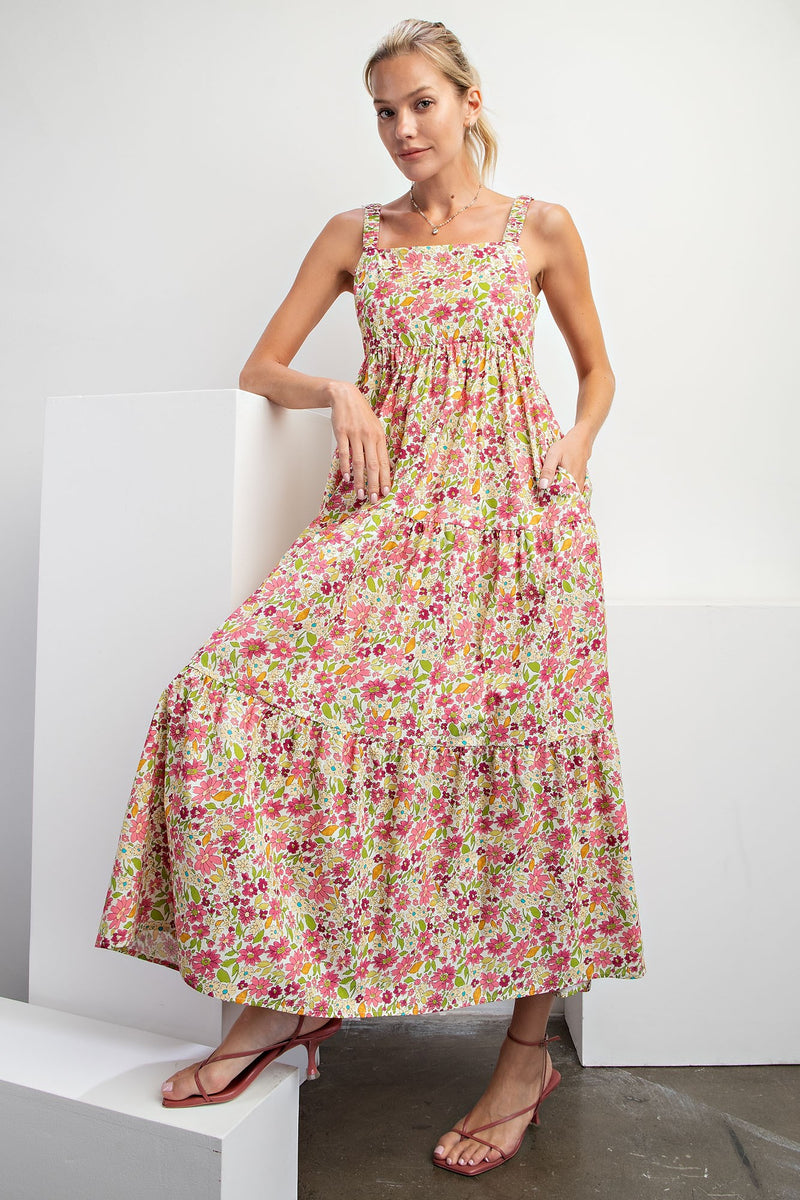 Pink Floral Square Neck Cut Out Back Tiered Maxi Dress Pinkblush 3145