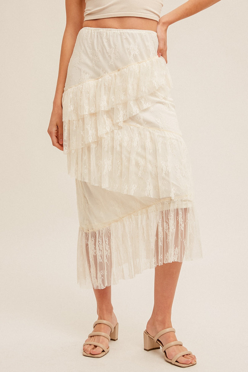 Cream Asymmetrical Tiered Lace Skirt