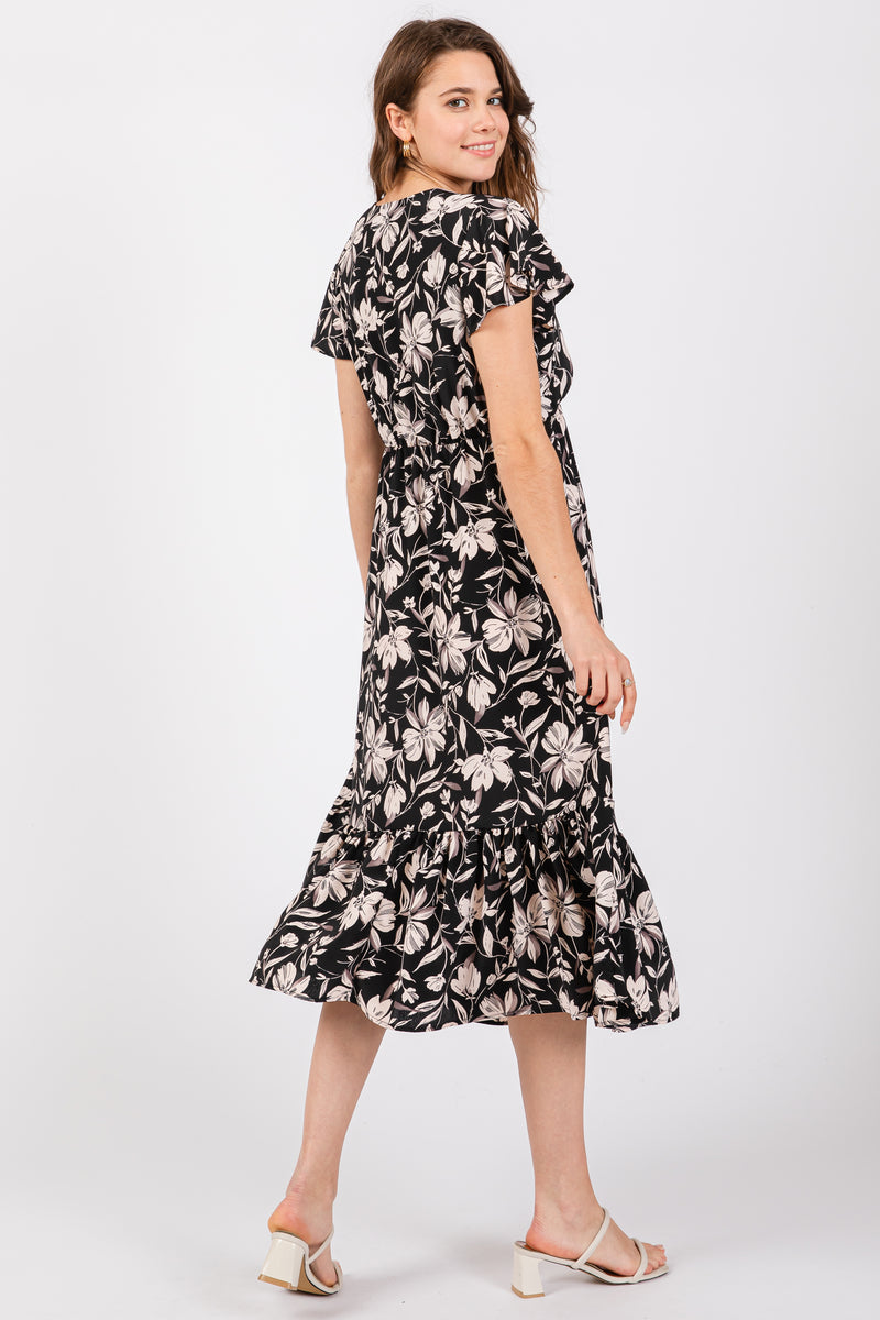 Black Floral Flutter Sleeve Midi Dress Pinkblush 9284