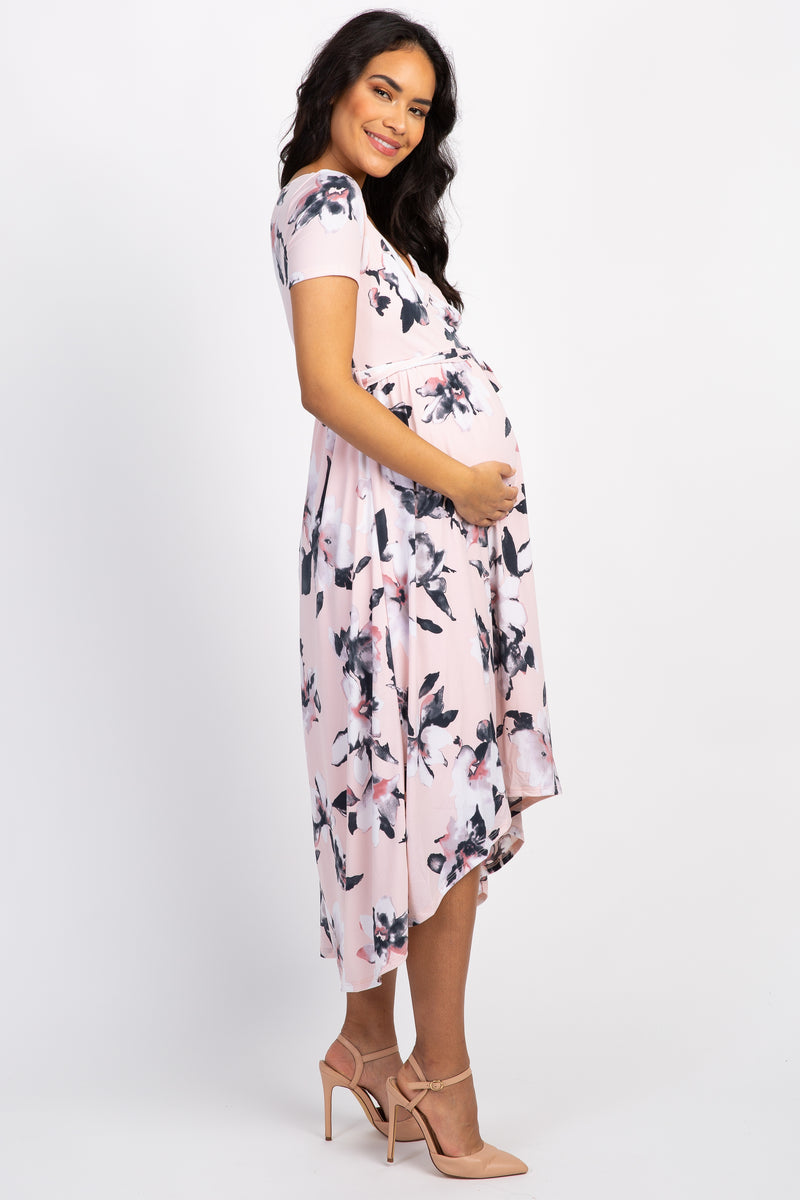 Tall Pink Floral Hi Low Maternity Wrap Dress Pinkblush