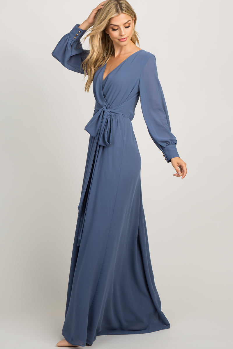 Blue Chiffon Long Sleeve Pleated Maxi Dress – PinkBlush