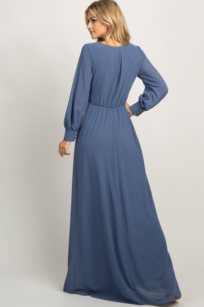 Blue Chiffon Long Sleeve Pleated Maxi Dress – Pinkblush