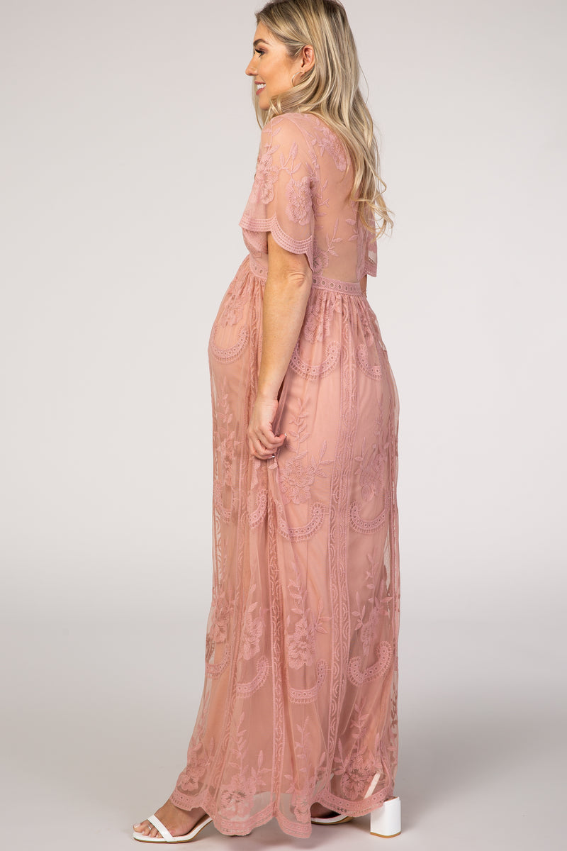 Pink Lace Mesh Overlay Maternity Maxi Dress– PinkBlush