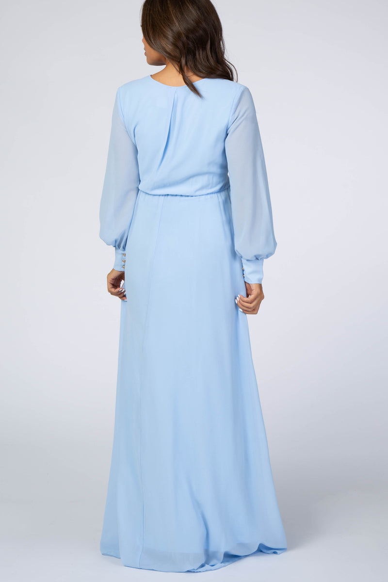 Light Blue Chiffon Long Sleeve Maternity Maxi Dress – Pinkblush