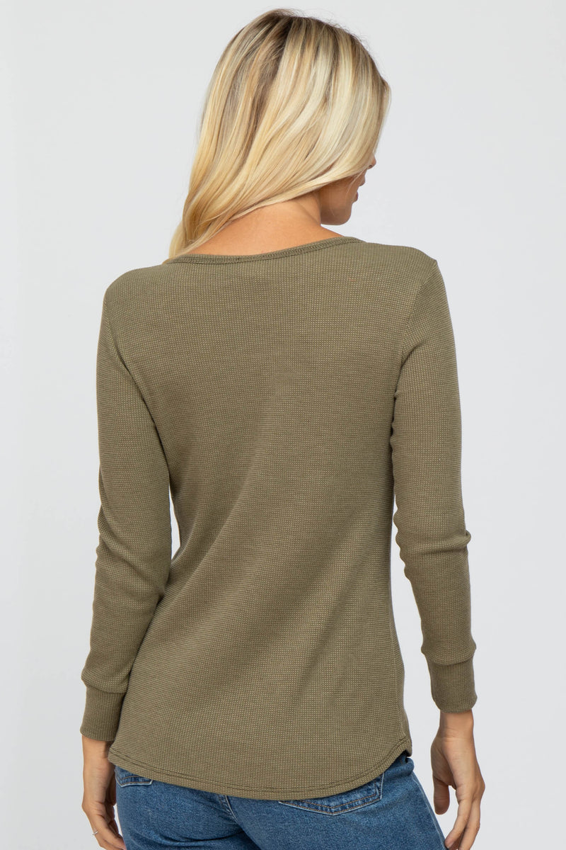 Olive Waffle Knit Front Snap Button Top Pinkblush