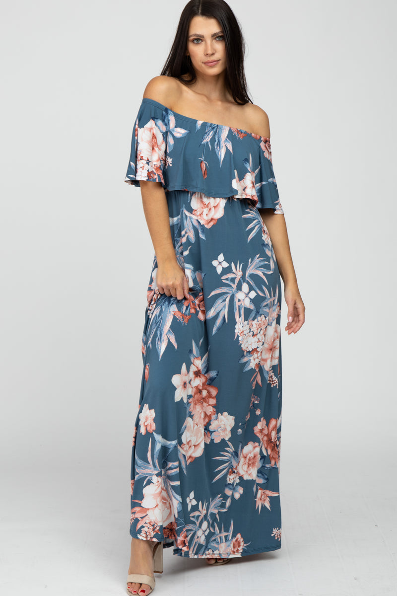 Blue Floral Off Shoulder Maxi Dress – Pinkblush