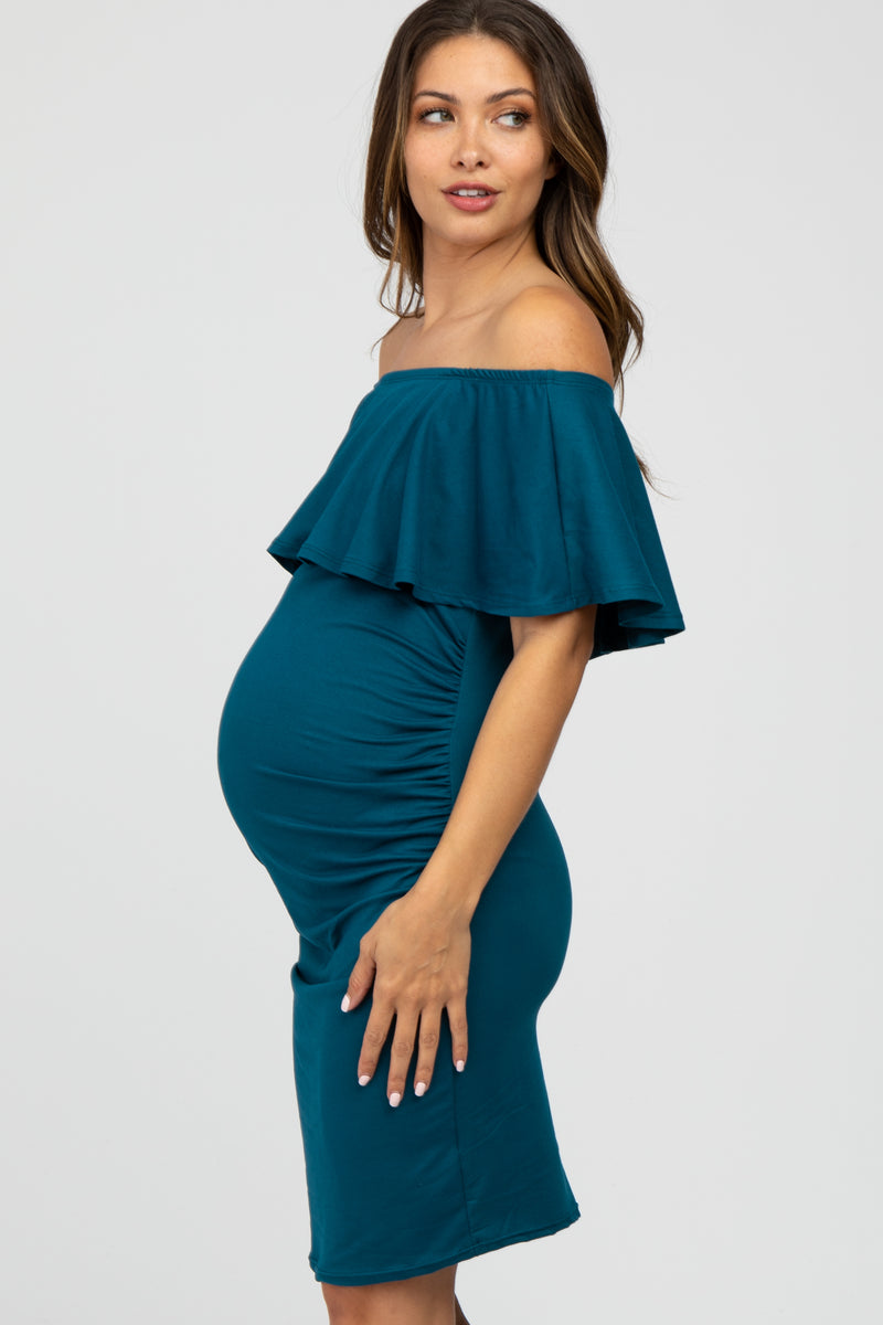 Deep Teal Off Shoulder Fitted Maternity Dress Pinkblush