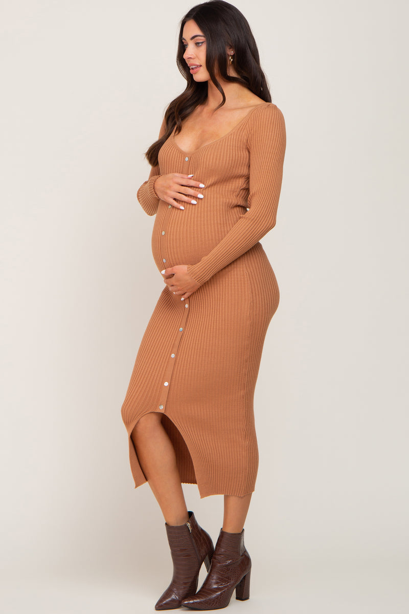 Topshop Maternity ribbed long sleeve tie waist Midi dress in Camel