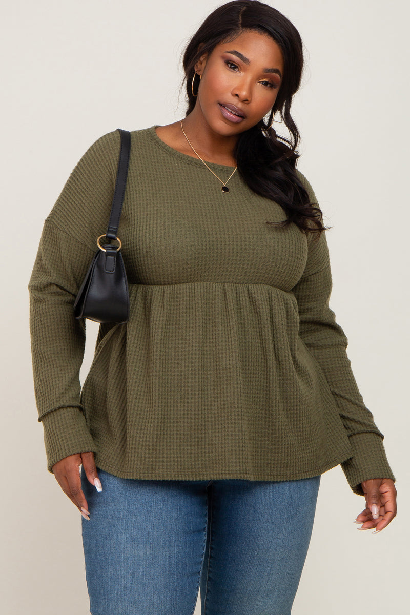 Olive Waffle Knit Long Sleeve Plus Top Pinkblush