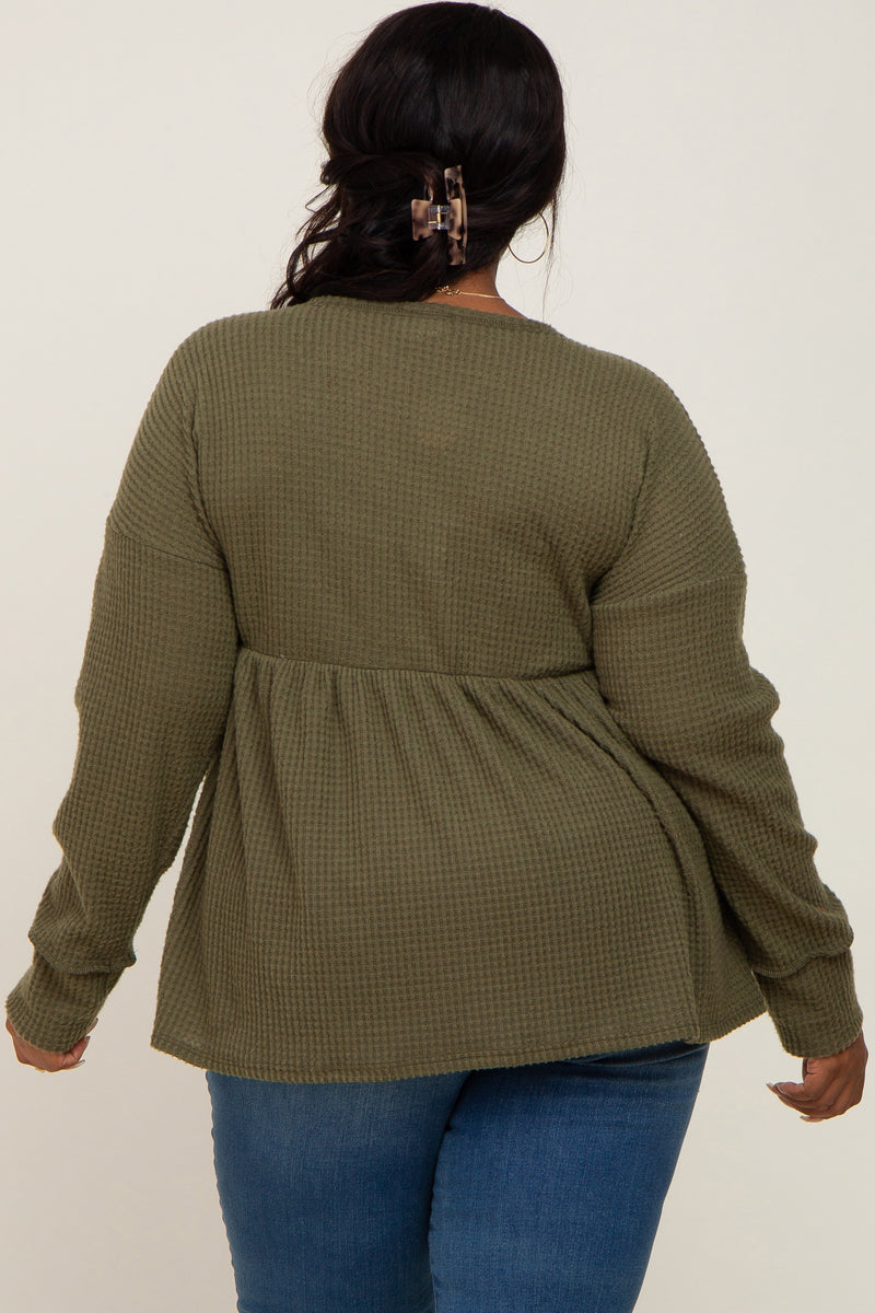 Olive Waffle Knit Long Sleeve Plus Top Pinkblush