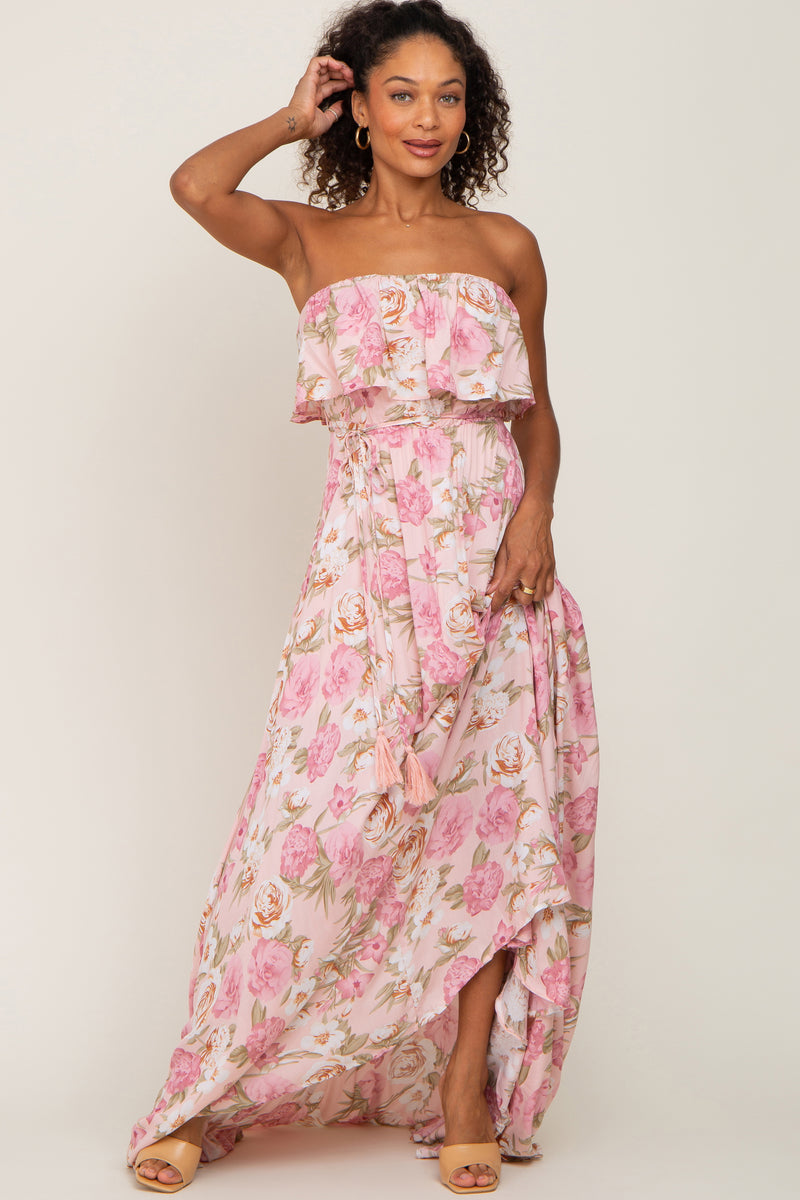 Light Pink Floral Strapless Ruffle Front Maxi Dress– PinkBlush