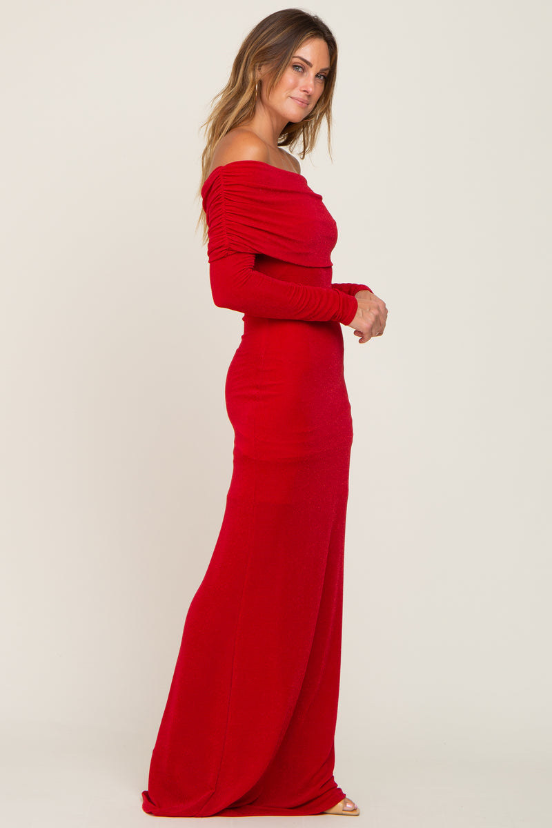 Long Sleeve Off The Shoulder Maxi Dress in Red