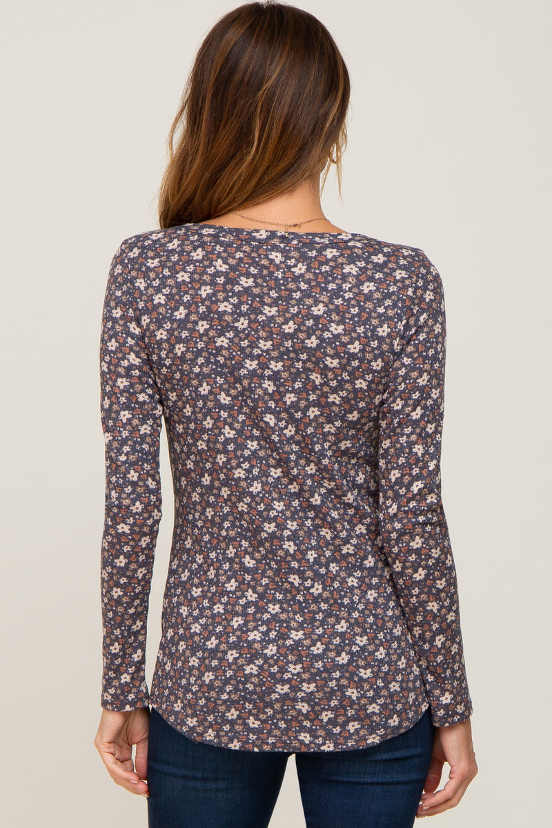 Navy Floral Henley Top PinkBlush