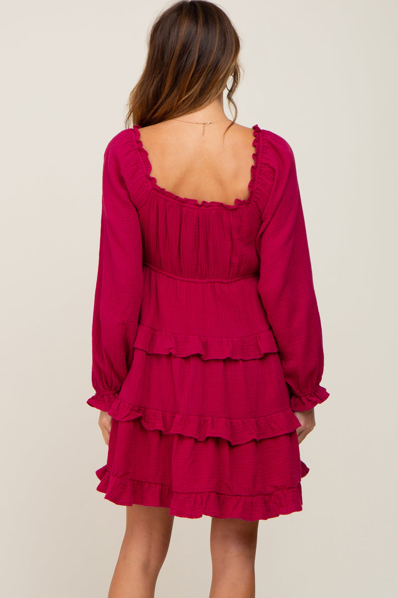 Magenta Smocked Ruffle Tiered Long Sleeve Dress Pinkblush