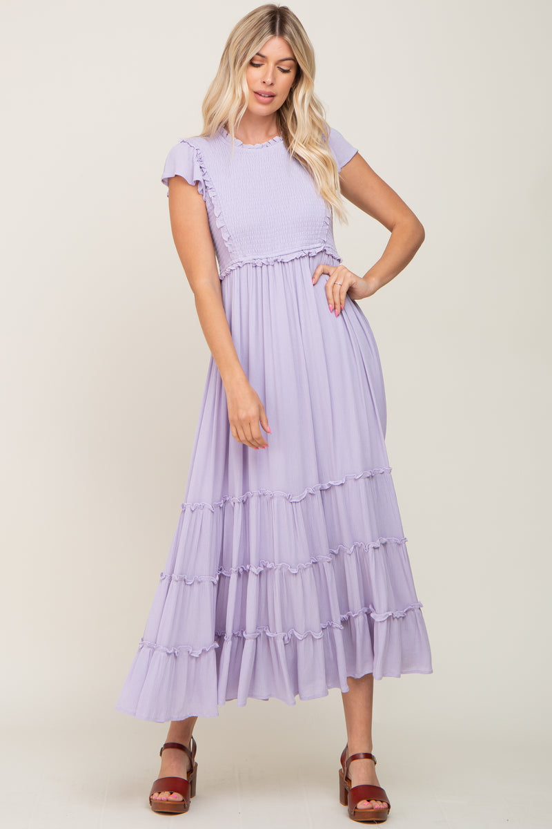Lavender Smocked Ruffle Accent Tiered Maxi Dress– PinkBlush