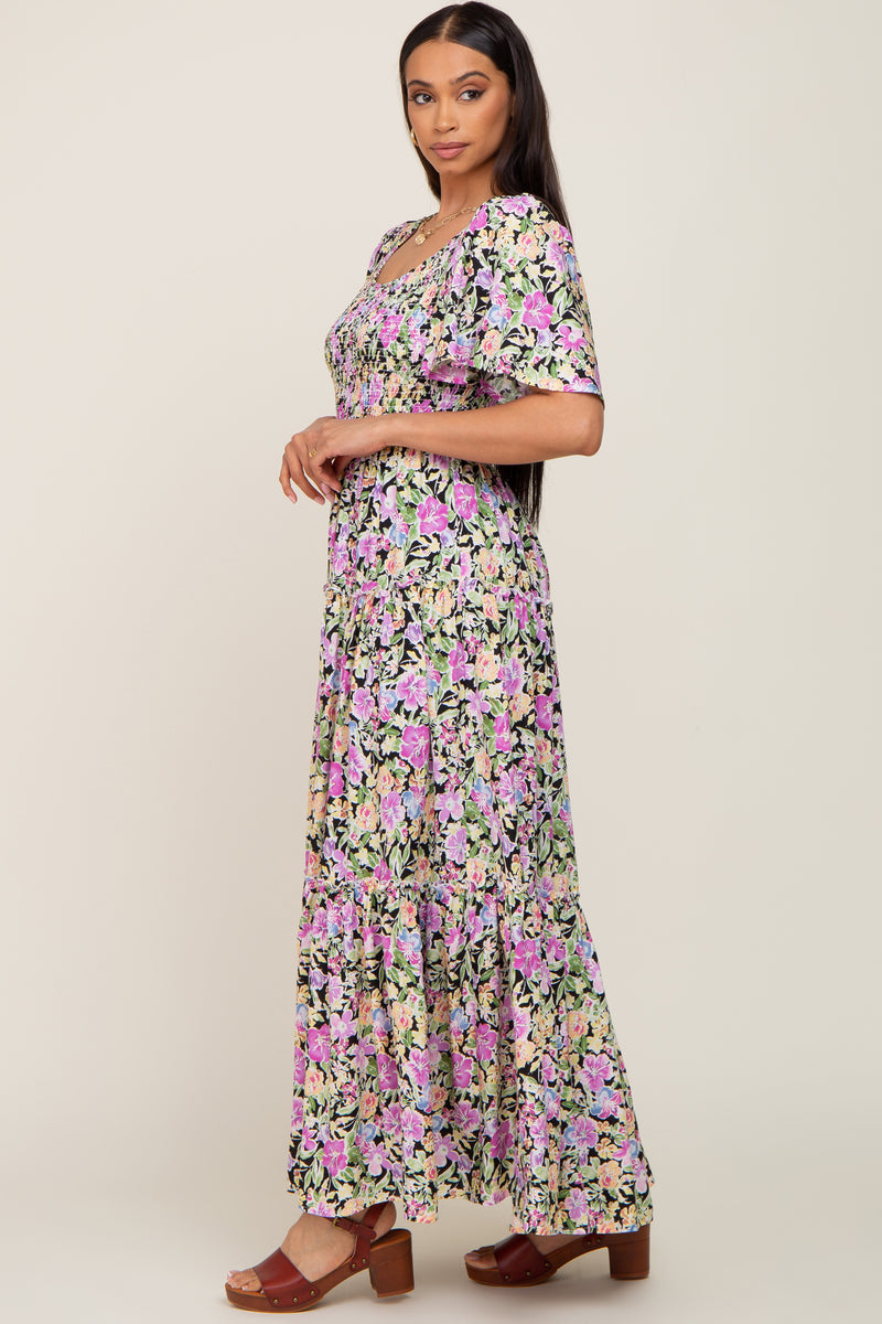 Black Floral Smocked Ruffle Tier Maxi Dress Pinkblush