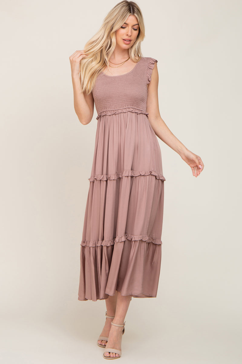 Taupe Smocked Ruffle Tier Maxi Dress Pinkblush 5038