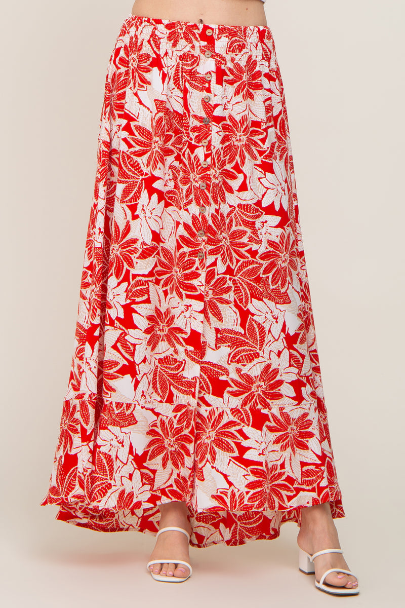 Red Floral Button Front Ruffle Hem Maxi Skirt Pinkblush