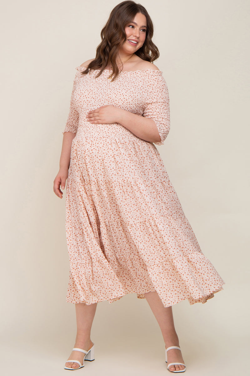 Ivory Ditsy Smocked Tiered Off Shoulder Maternity Plus Midi Dress– PinkBlush