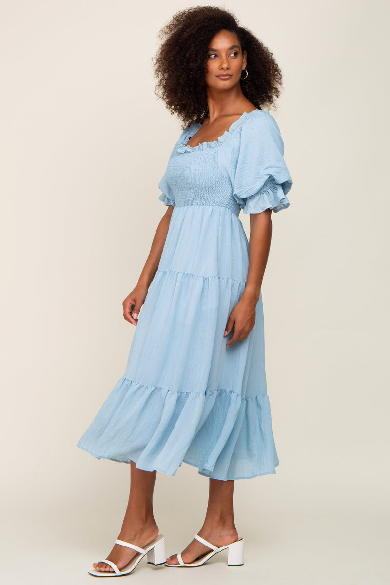 Light Blue Smocked Puff Sleeve Midi Dress – PinkBlush