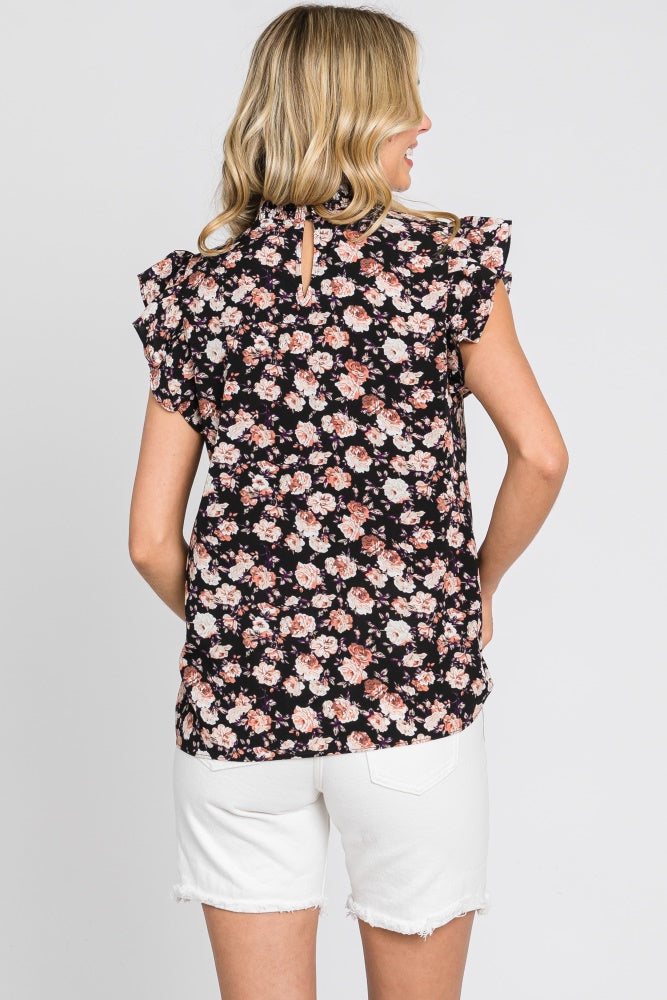 Black Floral Smocked Mock Neck Ruffle Sleeve Top Pinkblush