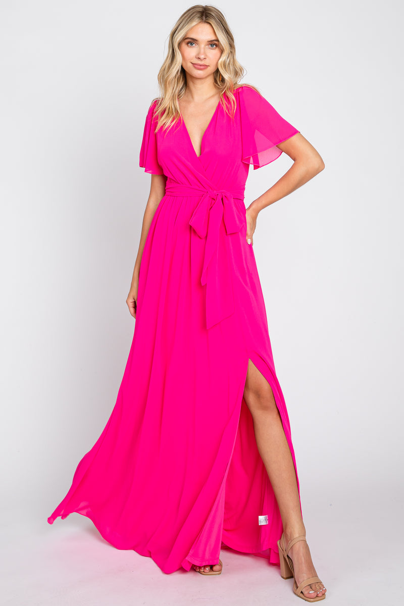 Fuchsia Chiffon Short Sleeve Wrap V Neck Front Slit Maxi Dress Pinkblush