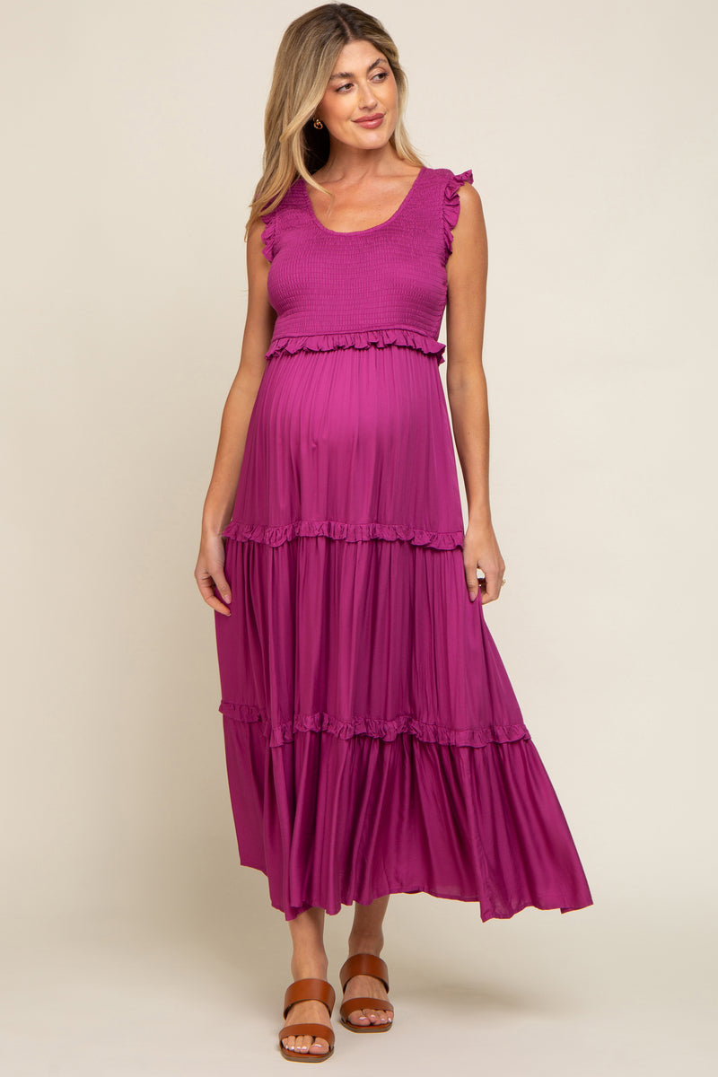 Magenta Smocked Ruffle Tier Maternity Maxi Dress Pinkblush