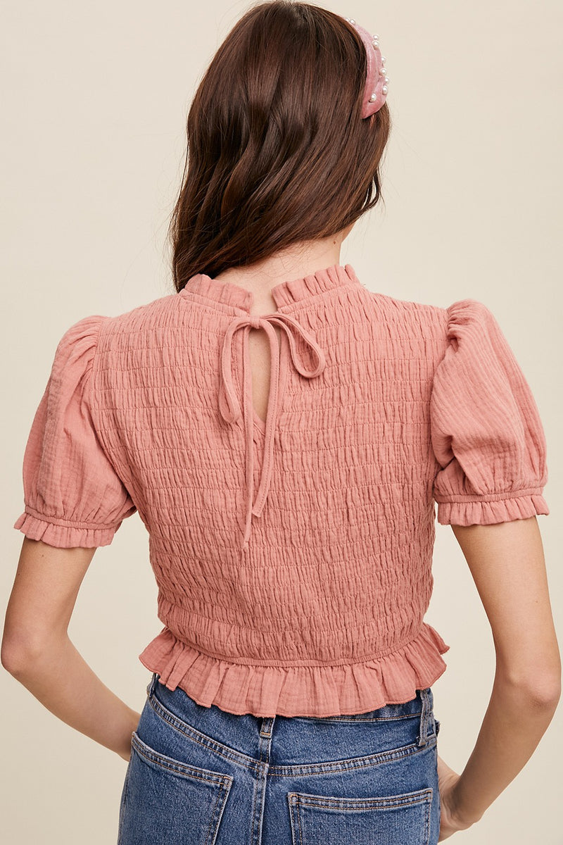 Pink Puff Sleeve Smocked Crop Top With Back Tie Pinkblush