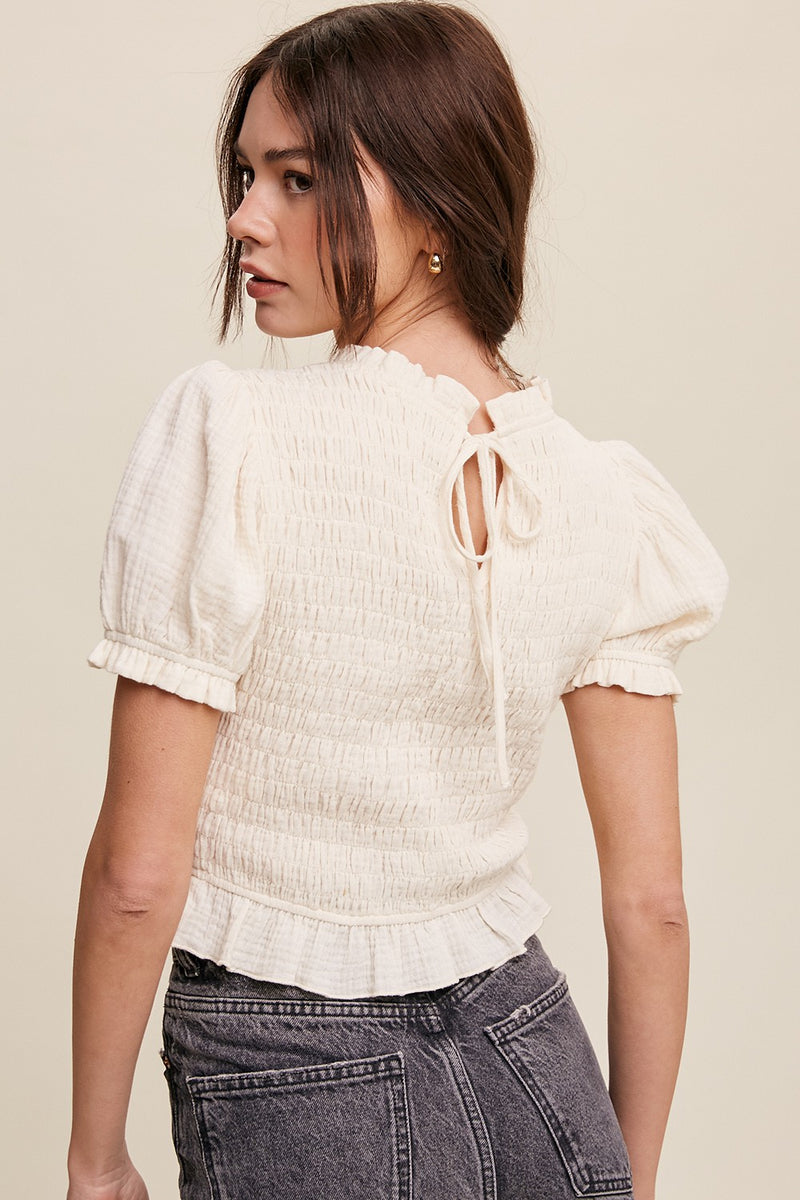 Cream Puff Sleeve Smocked Crop Top With Back Tie Pinkblush