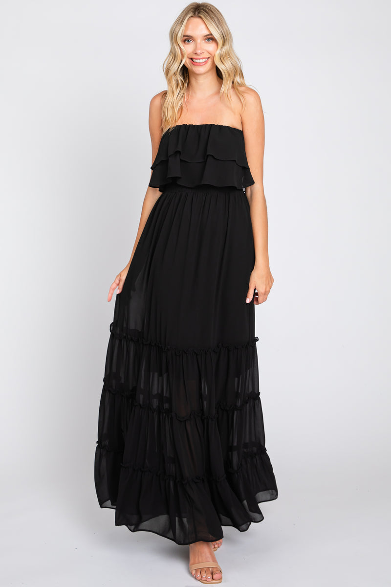 Black Chiffon Strapless Ruffle Tiered Maxi Dress Pinkblush 0508