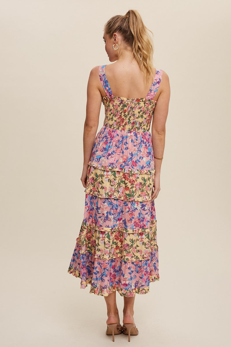 Purple Yellow Floral Contrast Tiered Maxi Dress– PinkBlush