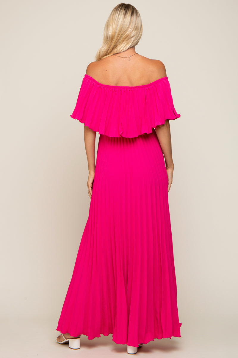 Fuchsia Pleated Off Shoulder Maxi Dress – PinkBlush