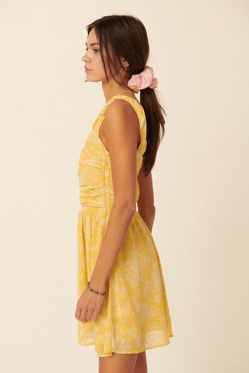 Yellow Floral Swiss Dot Chiffon One Shoulder Mini Dress – PinkBlush