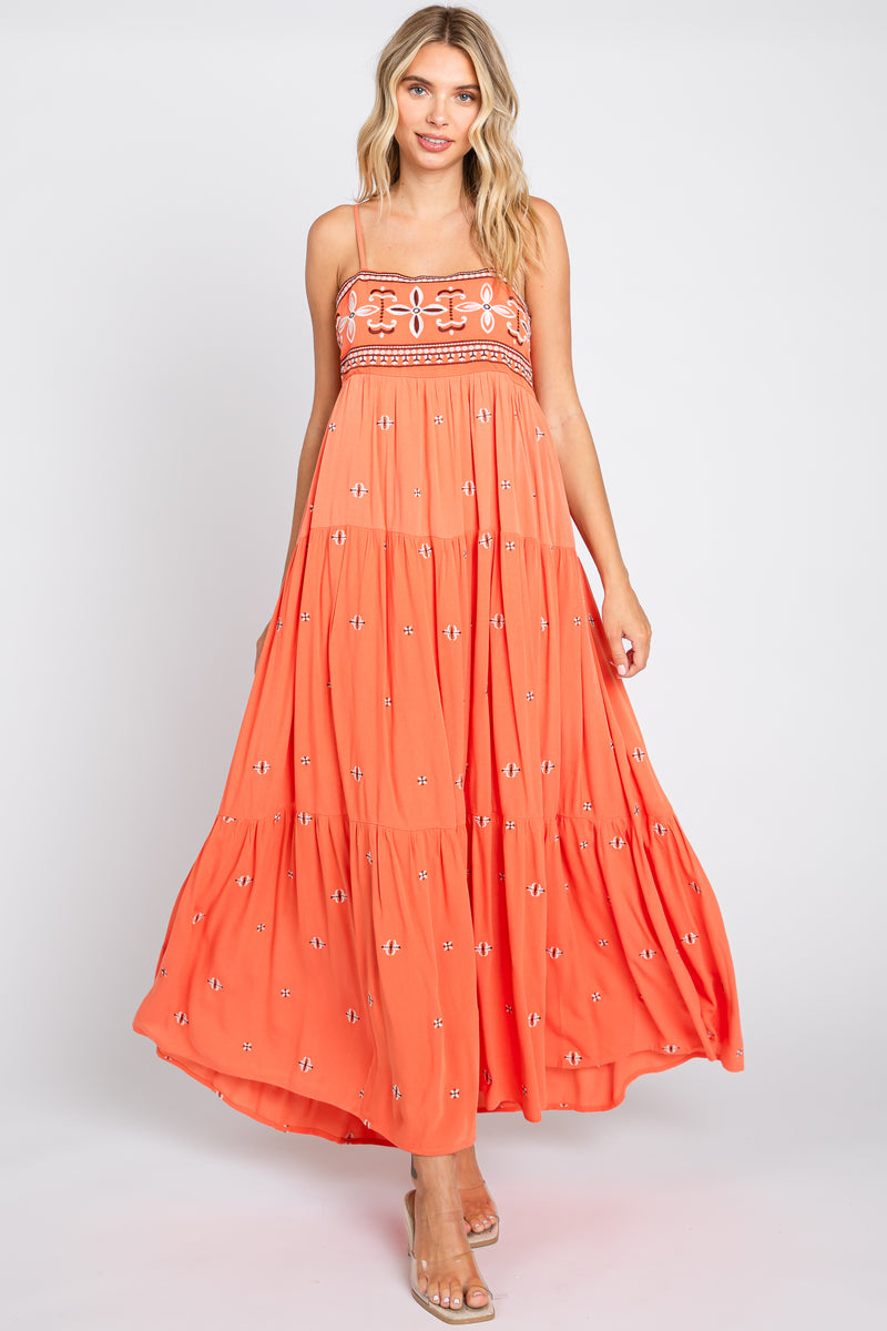 Coral Floral Embroidered Tiered Maxi Dress Pinkblush 9036