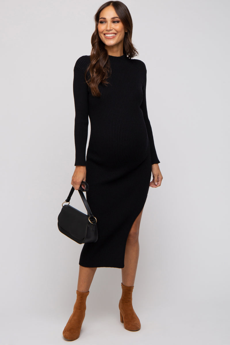 Black Ribbed Mock Neck Side Slit Maternity Midi Dress – Pinkblush