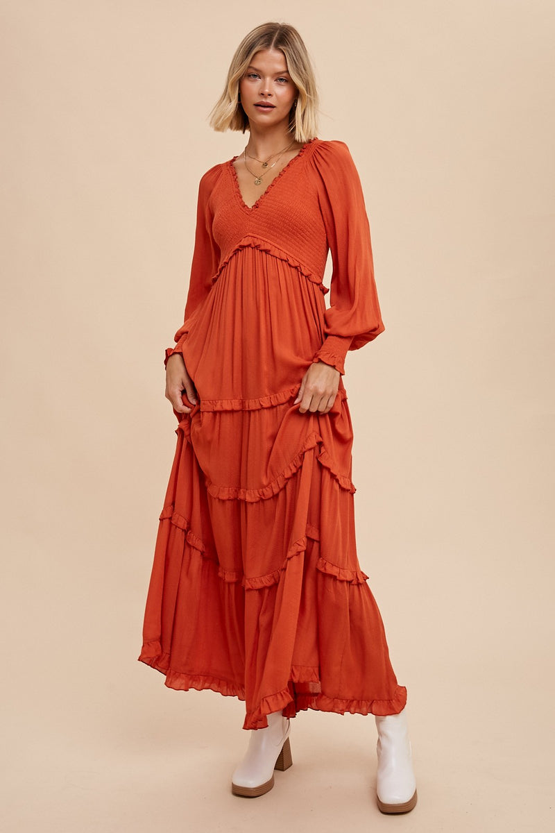 Rust Smocked Ruffle Tiered Maxi Dress Pinkblush