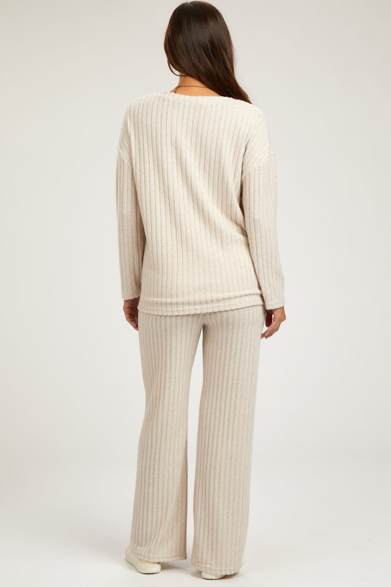 Beige Ribbed Soft Knit Long Sleeve Maternity Pajama Set– PinkBlush