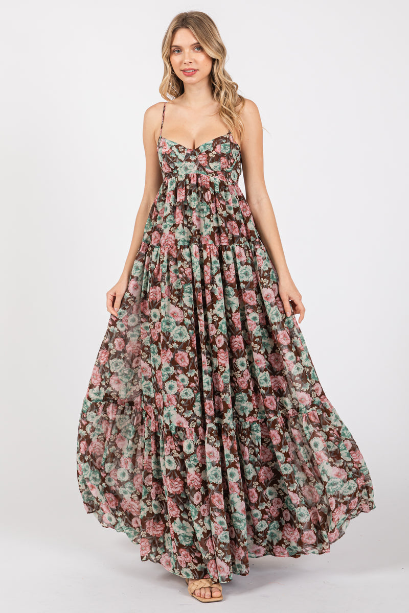 Brown Floral Sleeveless Tiered Maxi Dress Pinkblush 3518