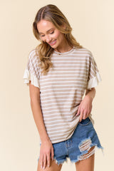 Taupe Striped Ruffle Sleeve Top