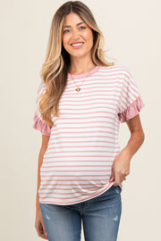 Mauve Striped Ruffle Sleeve Maternity Top