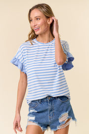 Light Blue Striped Ruffle Sleeve Top