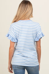 Light Blue Striped Ruffle Sleeve Maternity Top