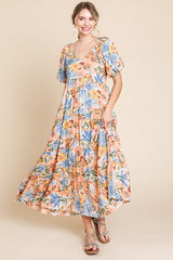 Peach Floral Print Pocketed Maternity Midi Dress