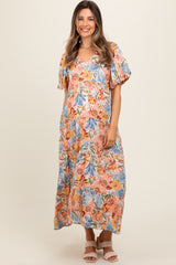 Peach Floral Print Pocketed Maternity Midi Dress