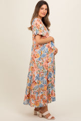 Peach Floral Print Pocketed Maternity Midi Dress