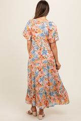 Peach Floral Print Pocketed Maternity Midi Dress